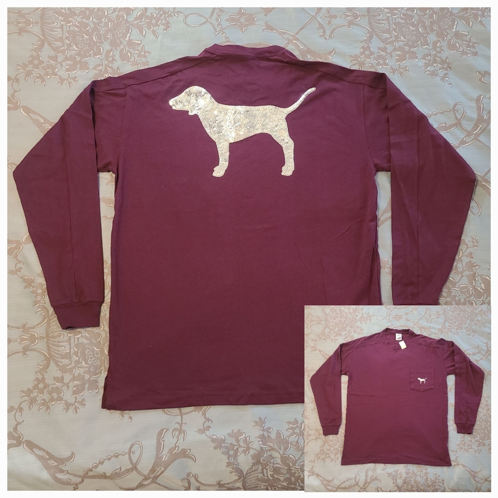 Victoria's Secret PINK Bling Long Sleeve Tee Shirt Burgundy Silver Size Medium